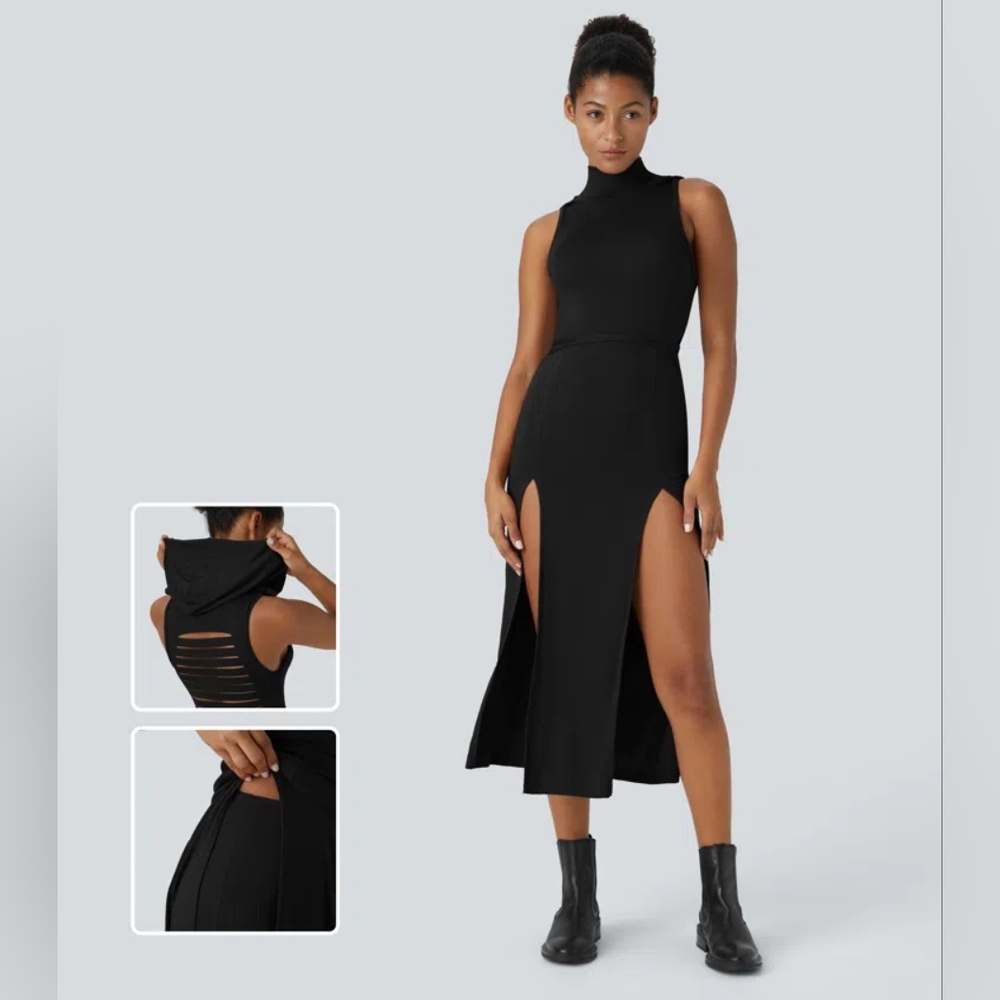 Halara Ribbed Hooded High Neck Sleeveless Cut Out Tie Back Split 2-Piece Midi